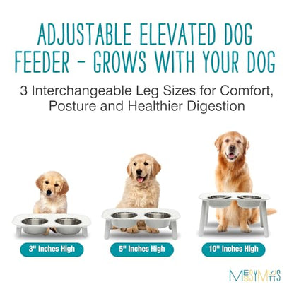 Messy Mutts Elevated Double Feeder with Stainless Bowls | Adjustable Height 3”, 5”, or 10” | Adjustable Standing Feeder for Dogs | 5 Cups per Bowl | Light Grey - color: Light Grey