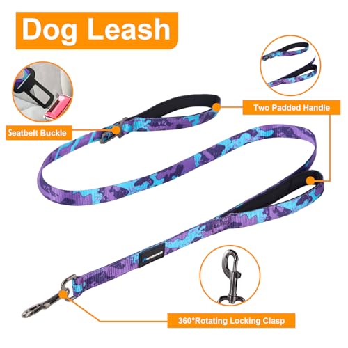 Annchwool No Pull Dog Harness,Heavy Duty Collar & Leash Set-Leash with Double Handle & Car Seatbelt Clip-Easy Control for Walking Training Medium Large Size Dogs(Camo Purple,S) - color: Camo Purple, size: S