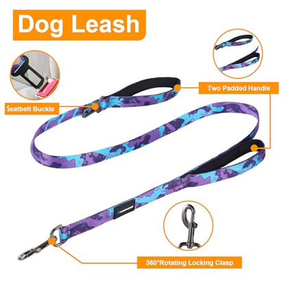 Annchwool No Pull Dog Harness,Heavy Duty Collar & Leash Set-Leash with Double Handle & Car Seatbelt Clip-Easy Control for Walking Training Medium Large Size Dogs(Camo Purple,S) - color: Camo Purple, size: S