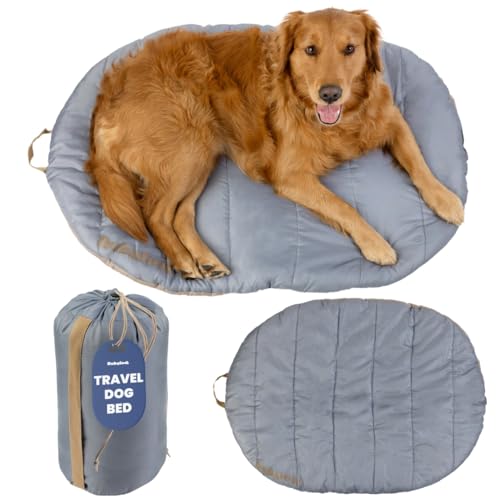 Travel Dog Bed (42" x 30") – Foldable & Packable for Travel, Road Trip, Camping – Lightweight, Water Resistant & Cozy Soft Padding – Compact, Portable & Machine Washable – Medium & Large Breeds: Grey - color: Foggy Trail, size: Large