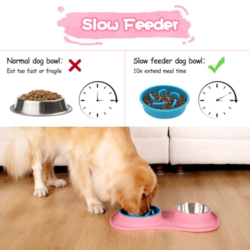 MateeyLife Dog Food and Water Bowl Set 3 in 1, Slow Feeder Dog Bowls & Stainless Steel Water Bowl with Non-Spill Silicone Mat, Cat and Puppy Bowls Pet Dishes for Small Medium Large Breed Anti-Choking - color: Pink, size: Small