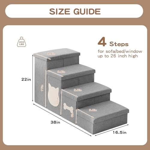 4-Step Wider Dog Steps for Bed 22" H, Foldable Dog Stairs with Storage, Non-Slip Pet Steps for Small Medium Large Dogs, Arthritis-Friendly Pet Stairs for Couch and Car Up to 200 lbs, Grey - size: 4-Step
