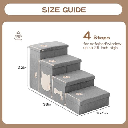 4-Step Wider Dog Steps for Bed 22" H, Foldable Dog Stairs with Storage, Non-Slip Pet Steps for Small Medium Large Dogs, Arthritis-Friendly Pet Stairs for Couch and Car Up to 200 lbs, Grey - size: 4-Step