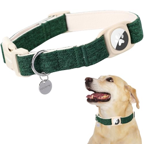 DOGWONG Airtag Cotton Hemp Dog Collar, Heavy-Duty Dog Collar with Airtag Holder Christmas Deep Green Natural Fabric Cute Puppy Necklace for Small Medium Large Dogs - color: Christmas Green, size: Extra Small