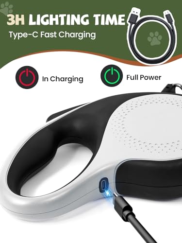 Retractable Dog Leash with Led Light, Douexio 16ft Heavy Duty Dog Leash Retractable for Medium Large Dogs Up to 110lbs,360° Tangle-Free, One-Button Control, High Strength Hook (White, 66-110lbs) - color: White, size: 66-110lbs