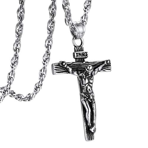 PROSTEEL Cross Necklace for Men Women, 316L Stainless Steel Dog Tag Cross/Dog Tags Military, Jesus Crucifix, Snake Cross, Black/Gold/Silver/Rose Gold/Blue Tone Cross Pendant, Come with Box - color: 2. Silver, style: 8. Jesus Cross