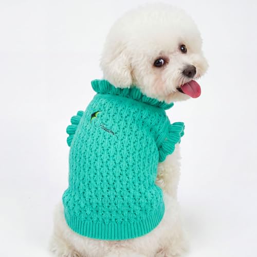 Dog Sweater for Small Dogs, Textured Knit with Ruffle Collar, Lightweight Breathable Girl Dog Clothes, Cute Puppy Sweater for Daily Wear Photoshoot (Green,XS) - size: X-Small