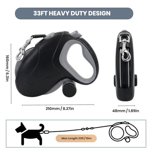 33ft Retractable Dog Leash, One-Button Control with Reflective Strips, 360° Anti Winding Non Slip Handle Lead, Long Leash Retractable with Waste Bag Dispenser for Medium Large Dog