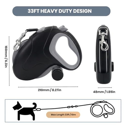 33ft Retractable Dog Leash, One-Button Control with Reflective Strips, 360° Anti Winding Non Slip Handle Lead, Long Leash Retractable with Waste Bag Dispenser for Medium Large Dog