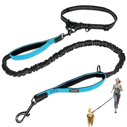 Hands-Free Bungee Dog Leash for Running Walking Small Medium Dogs | 4-6ft length, 28-47in adjustable waist belt, 2 reinforced handles, shock absorbing, reflective anti-pull, blue handles - color: Blue