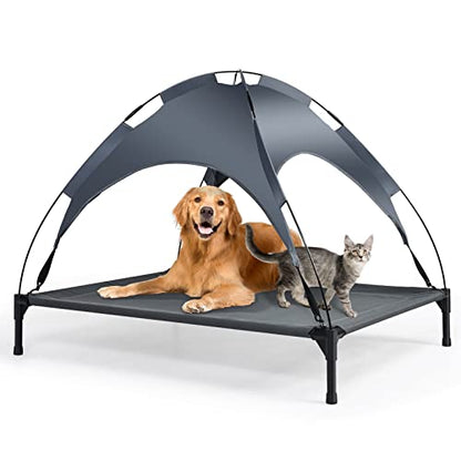 Elevated Dog Beds, Indoor Outdoor Raised Pet Bed, Portable Cooling Puppy Cot with Breathable Mesh, Canopy, Durable Steel Frame for All-Year Use