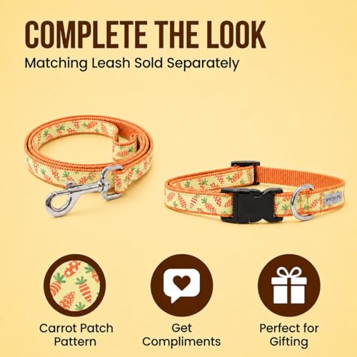 THE WORTHY DOG Spring Holiday Crazy Carrots Dog Collar – Durable Nylon, Woven Ribbon, Quick-Release Buckle, Nickel D-Ring – Green, X-Small - color: Crazy Carrots - Green, size: X Small