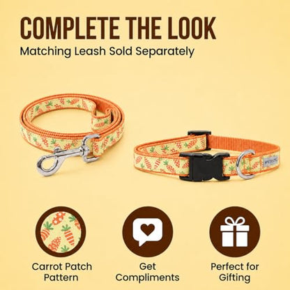 THE WORTHY DOG Spring Holiday Crazy Carrots Dog Collar – Durable Nylon, Woven Ribbon, Quick-Release Buckle, Nickel D-Ring – Green, X-Small - color: Crazy Carrots - Green, size: X Small
