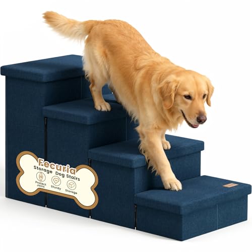 4-Step Wide Dog Stairs with Storage 23" H, Non-Slip Sturdy Pet Steps for High Bed Couch Window, Pet Stairs for Small/Medium/Large Old Dogs Cats Up to 220lbs, Cat Dog Steps for Car/SUV, Navy - color: Navy, size: 4-Steps Storage (40"D x17"W x23"H)