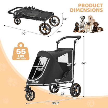 Magshion Pet Stroller for Medium Dogs w/Adjustable Handle, 3-Wheel Dog Cat Wagon w/Dual Entry, Rear Storage, Breathable Mesh, One-Foot Brake, Ideal for Large Pets up to 55 lbs, Black - color: Black, style: Up to 55 lbs