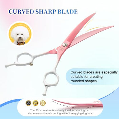 7'' Curved Dog Grooming Scissors Pink to White Gradient | 440C Stainless Steel, Sharp Durable, Professional or Home Use,Ergonomic Handle with 2 Silicone Finger Rings - color: Pink