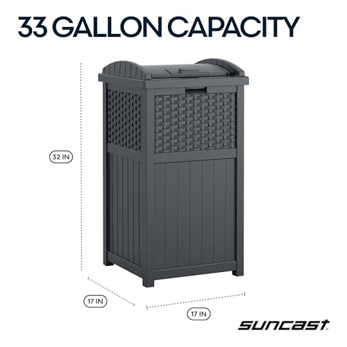 Suncast 33 Gallon Wicker-Style Hideaway Trash Can with Secure Latching Lid and Weather-Resistant Construction for Patio, Cyberspace Grey, Made in the USA - color: Cyberspace Grey