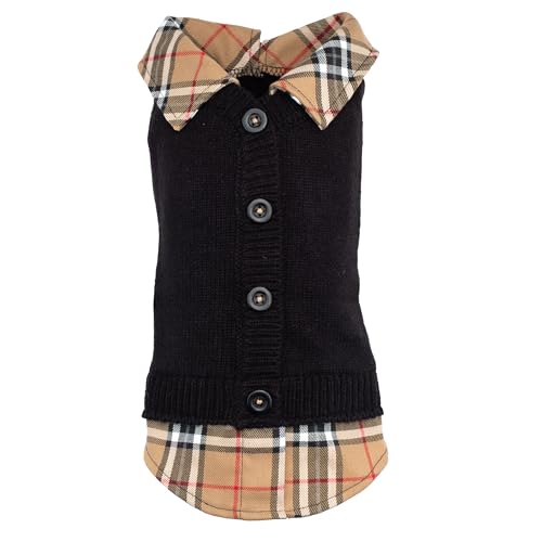 THE WORTHY DOG Two-Fer Cardigan Dog Sweater – Warm Pullover Dog Clothes with Plaid Collar, Faux Buttons & High-Cut Belly - Black/Beige, X-Small - color: Two-Fer - Black/Beige, size: X Small