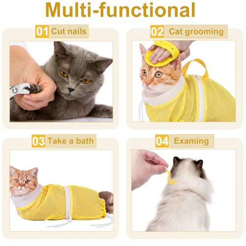 9 Pcs Cat Bathing Bag Set Cat Shower Bag Anti Bite and Scratch for Pet Grooming Washing Brush Comb Muzzle Nail Clipper Nail File Tick Tool (Yellow) - color: Yellow