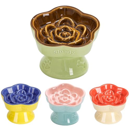 S&Q's CERAMICS Raised Slow Feeder Cat Bowl, Ceramic Elevated Cute Pet Food Bowl Small Dogs Slow Feeder, Flower Shaped Cute Cat Dish for Dry and Wet Food (Brown, 5.8") - color: Brown