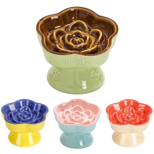 S&Q's CERAMICS Raised Slow Feeder Cat Bowl, Ceramic Elevated Cute Pet Food Bowl Small Dogs Slow Feeder, Flower Shaped Cute Cat Dish for Dry and Wet Food (Brown, 5.8") - color: Brown