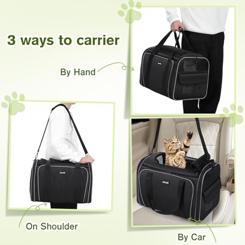 Pecute Cat Carrier Expandable, Extra Large Pet Carrier Bag, Foldable Cat Carrier Bag with Breathable Mesh, Pet Carrier Transport Bag for Dogs and Cats, with Shoulder Strap and Pet Bowl, Black