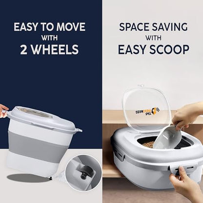 Dog Food Storage Container 30-35 lb, Airtight Collapsible Cute Dog Food Container with Wheels & Scoop, Stackable Pet Food Storage Container for Dog & Cat Food - color: Grey & White