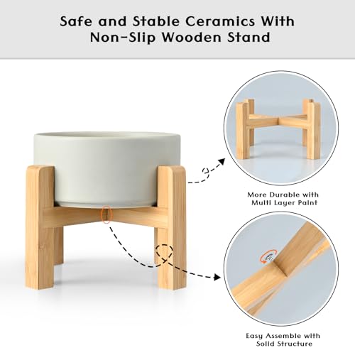 SPUNKYJUNKY Ceramic Elevated Dog Bowls 2 Pack - 8.3inch Raised Dog Bowls with Non-Slip Wooden Stand for Large Dogs Dishwasher Safe(Grey,60OZ*2) - color: Grey, size: Large - 7.6 CUPS*2