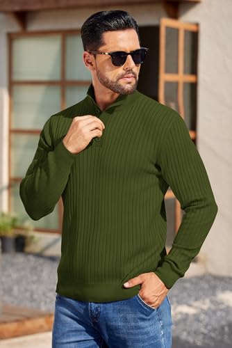 COOFANDY Mens Quarter Button Sweater Long Sleeve Stand Collar Sweaters Casual Knitted Ribbed Dress Pullover - color: Army Green, size: Small