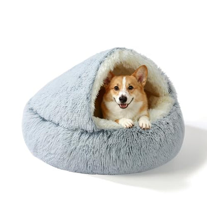 YUDANSI Calming Small Dog Bed & Indoor Cat Bed - Plush Fluffy Hooded Cave Nest, Anti-Slip Self-Warming, Removable Washable Zipper Cover, Built-in No-Collapsing Support (Grey-65cm/26in) - color: Grey-65cm