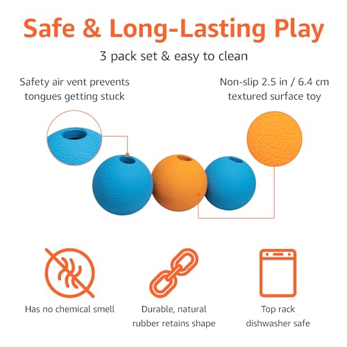 Amazon Basics Interactive Bouncy Durable Rubber Dog Toy Balls, 2.5 inch, Blue, Orange, Pack of 3 - size: 2.5 inch, style: Fetch Balls (Pack of 3)