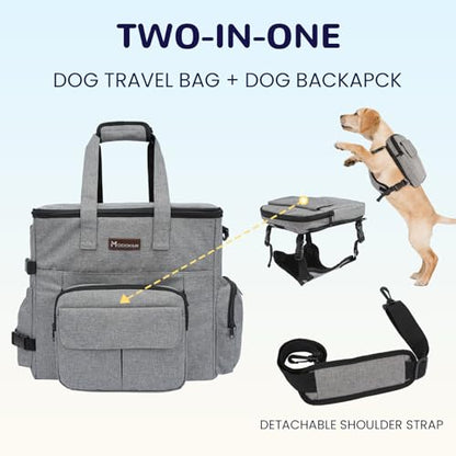 Modoker Dog Travel Organizer with 2 Collapsible Bowls for Supplies & Accessories, Airline Approved Dog Tote Pet Travel Bag with 2 Travel Food Container - color: Soft Grey