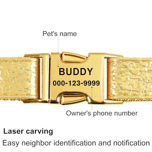 Glare Gold Personalized Dog Collars Leather and Nylon Thicken Design Engraved Heavy Duty Dog Collar with Name Plate Adjustable with Quick Release Metal Buckle for Small Medium Large Dogs,L - color: Gold - Personalized, size: L-(neck adjustable 15.7-27.2"