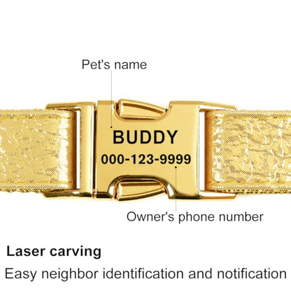 Glare Gold Personalized Dog Collars Leather and Nylon Thicken Design Engraved Heavy Duty Dog Collar with Name Plate Adjustable with Quick Release Metal Buckle for Small Medium Large Dogs,M - color: Gold - Personalized, size: M-(neck adjustable 12.6-19.3"