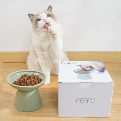 CEEFU Extra Wide Elevated Ceramic Cat Bowl, 6.2" Shallow Dish for Whisker Fatigue Relief, 5" Height for Easy Feeding, Durable Raised 2 Cat Food Bowls, Sage Green - color: Sage Green-2 Food Bowl