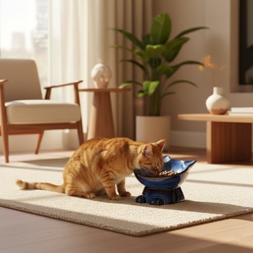 Nihow Slanted Elevated Cat Bowls: 6.25 Inch Ceramic Raised Cat Food Bowl for Protecting Pet's Spine - Microwave & Dishwasher Safe -Elegant Blue & Black (6.8 OZ /1 PC) - color: Blue & Black, size: 6.8 OZ