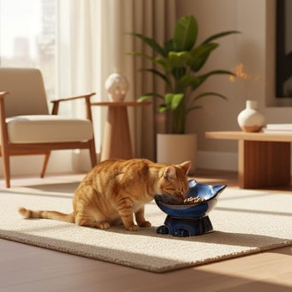 Nihow Slanted Elevated Cat Bowls: 6.25 Inch Ceramic Raised Cat Food Bowl for Protecting Pet's Spine - Microwave & Dishwasher Safe -Elegant Blue & Black (6.8 OZ /1 PC) - color: Blue & Black, size: 6.8 OZ