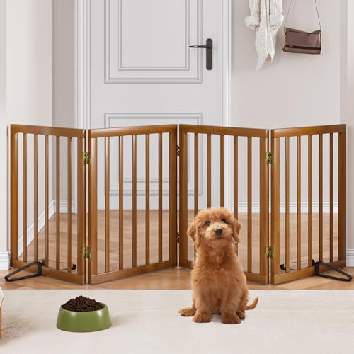 Freestanding Pet Gate Foldable 4 Panel Dog Gate Walnut Dog Gates for Stair Doorways House Indoor (2 Support Feet Included) - color: Walnut, size: 4 Panel - 74 inches Wide