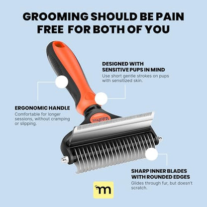 MalsiPree Dog Brush - Large, Orange - 2-in-1 Deshedding Tool & Undercoat Rake, Dog Undercoat Brush - Gentle Dematting Comb & Pet Hair Removal Tool - Smooth-Edge Design & Grooming Comb - color: Orange