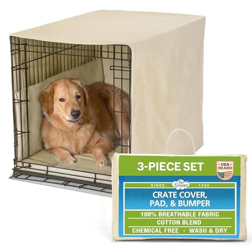 Pet Dreams 3-Piece Set Includes Dog Crate Cover, Dog Mat & Bumper Pad- Washable Kennel Bedding fits iCrate Cages 24, 30, 36, 42 Inch (Khaki, Large, 36") - color: Khaki Tan, size: 36-Inch