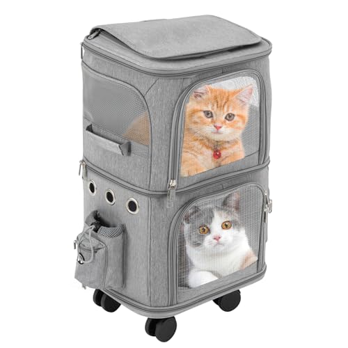 Double-Compartment Pet Rolling Carrier with Wheels, 13.78 * 10.24 * 24.01 in Ajustable Pet Carrier, 22.05 lbs Bearing Collapsible Pet Trolley Bag for Cats, Dogs, Pet Ferrets, Rabbits (Grey) - color: Grey