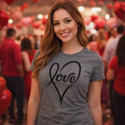 Womens Valentines Shirts Cute Heart T Shirts Funny Valentines Day Tees for Ladies - color: Dark Heather Grey - Love Cursive, size: XX-Large