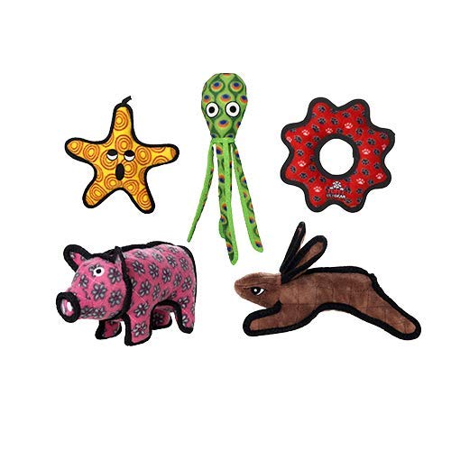 TUFFY® 5 Pack Starfish, Squid, Pig, Rabbit and Gear Ring Plush Dog Toys | Ultra Durable, Multiple Layers & Reinforced Seams , Washable and Floats , Original Construction - color: Multi-Color Starfish Pig Squid Rabbit Gear Ring