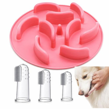 Slow Feeder Dog Bowl Insert – Silicone Anti-Choke Design with Suction Cups | Fits Most Bowls | Includes 3 Finger Toothbrushes for Pet Dental Care | Blue, Pink, Black - color: Pink