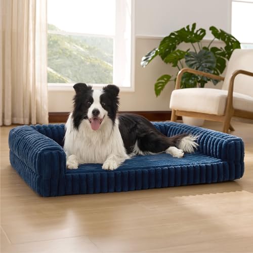 Bedsure ComfyFleece™ Orthopedic Dog Beds Large Sized Dog, Waterproof Memory Foam Pet Bed with Sides, Non-Slip Bottom and Egg-Crate Foam Large Pet Couch Sofa with Washable Corduroy Cover, Blue - color: Night Blue, size: 35.0"l X 25.0"w X 7"th