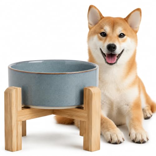 hjn Elevated Ceramic Dog Bowl with Bamboo Stand, Raised Pet Feeding Station for Small Medium Dogs Cats, Modern Design with Anti-Slip Base (Gray Blue, 3.6Cup) - color: Gray Blue, size: 3.6Cup