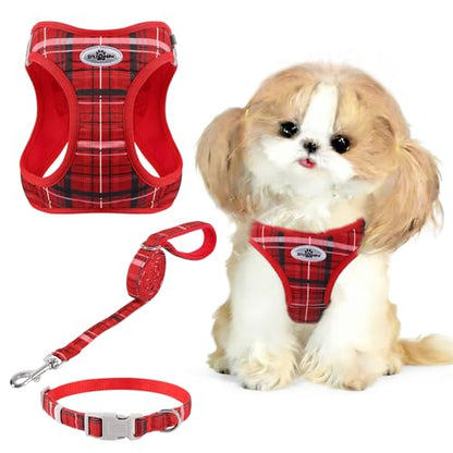 Gyuzh Dog Harness and Leash Set, 3-in-1 Step in No Pull Harness Vest Collar for Small Dogs & Cats, Lightweight Breathable Mesh Reflective Plaid with Padded Handle (Red, L) - color: Red, size: L