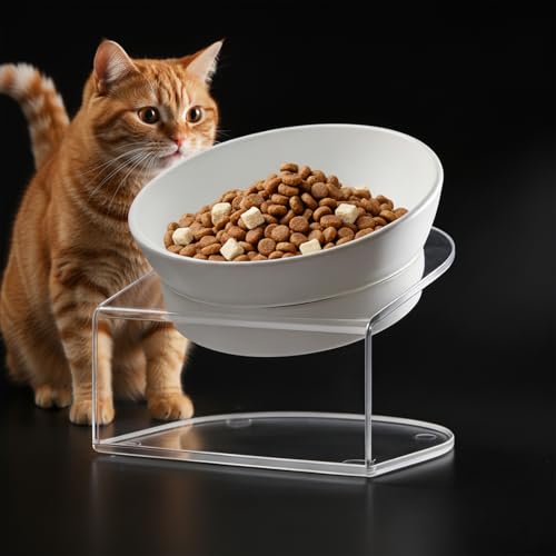 LivLab Mker Raised Cat Bowl, Elevated Cat Food Bowls with Stand - 15° Tilted Shallow Cat Dish for Whisker Fatigue Relief, 4.5" Height for Easy Feeding, Lead & Cadmium Free Melamine Bowl, White - color: White