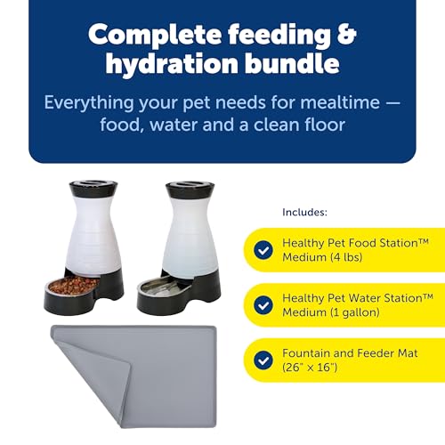 PetSafe Healthy Pet Food and Water Station with Waterproof Silicone Mat - Automatic Gravity Food and Water Dispenser for Cats and Dogs - BPA-Free Reservoir - Removable Stainless Steel Bowl - Medium - size: Medium
