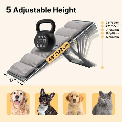 Veehoo Dog Ramp for Bed Couch Height Adjustable from 17" to 23", Foldable Stairs for Dogs to Get on Bed 17" Extra Wide, Portable Pet Doggie Steps Indoor with Non Slip Pad, Support up to 150 lbs - size: 48"L x 17"W x 23"H